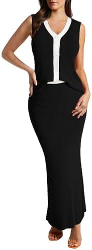 Pink Queen Women's 2 Piece Outfit Sets 2025 Summer Fashion Sleeveless Tank Top High Waist Slit Bodycon Knit Skirt Dresses Set XL