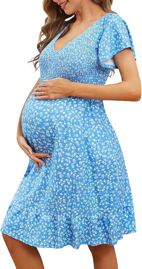 Adorel Maternity Dress Midi Ruffle V-Neck Flowy Smocked Empire Waist Casual Pregnant Outfit Baby Shower (Medium, Blue Print) Adorel Maternity Dress Midi Ruffle V-Neck Flowy Smocked Empire Waist Casual Pregnant Outfit Baby Shower (Medium, Blue Print)