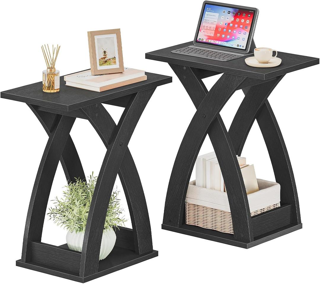 HOOBRO End Table Living Room Set of 2, Narrow Side Table for Small Spaces, Black 3 Tier End Table with Storage Shelf, X-Design Slim Nightstand Bedside Table, Living Room, Bedroom, Black BK356BZP201, 19.7"D x 11.8"W x 24"H