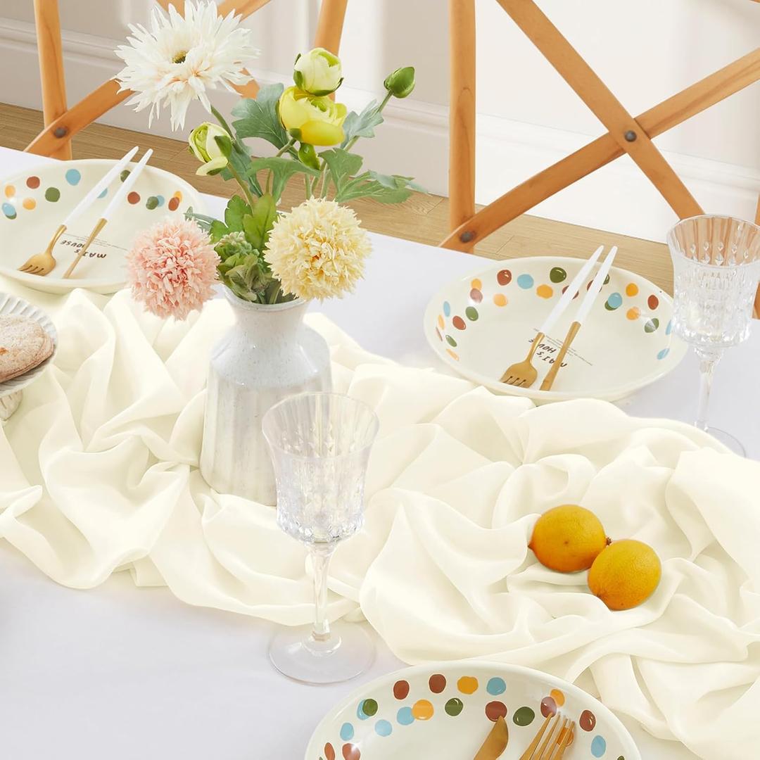 Horbaunal 2 Pack Ivory Chiffon Table Runners 10FT Sheer Chiffon Runner 29x120 Inches Romantic Boho Rustic Table Runner for Wedding Party Bridal Baby Shower Table Decorations