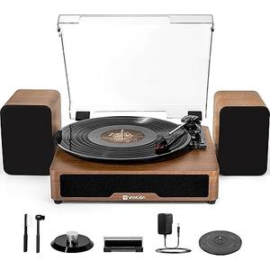 Vangoa Vinyl Record Player with External Speakers, Turntable for Vinyl Records Bluetooth, 3 Speed Belt-Driven LP Player, Portable Vintage Record Plaver with 2 Stereo Speakers for 33/45/78 ROM. Brown