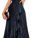 BeryLove Women Sequin Formal Party Dress Flutter Short Sleeve Wedding Cocktail Long Evening Dress (Medium, Darkblue)