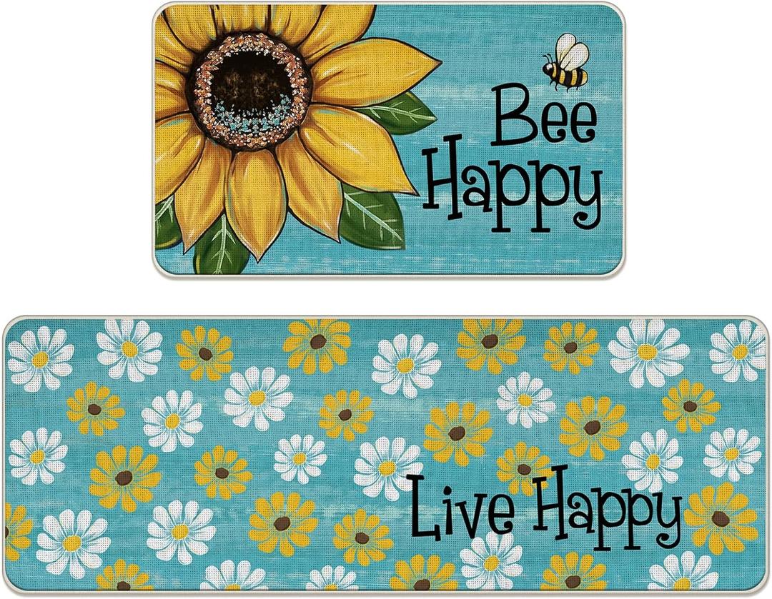 Spring Summer Flower Bee Happy Kitchen Rugs Set of 2, Live Happy Sunflower Floral Blue Kitchen Mats Decor, Seasonal Floor Door Mat Home Decorations -17x29 and 17x47 Inch