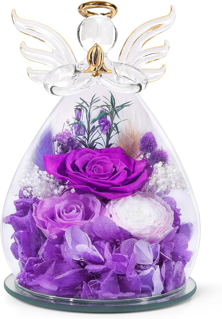 Gifts for Mom Birthday Gifts for Women Preserved Rose Forever Flower in Glass Angel Figurines Fresh Flowers for Delivery Anniversary Mothers Day Real Colorful Roses for Grandma Her Wife from Daughter (A-purple (Rose, Austin, Baby's Breath, Hydrangea))