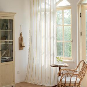 Boho Curtains 84 inches Long, Golden Striped Embroidery Light Filtering Semi-Blackout Privacy Tassels, Rod Pocket Drapes for Living Room Bedroom Halloween Decor, 52" W x84 L, 1 Panel Gold