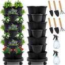 Umigy 2 Set Black 7 Tier Stackable Vertical Planters with Removable Wheels and Tools Tower Planters Strawberry Herb Flower Vegetable Pots Indoor Outdoor Gardening Pots