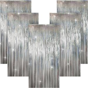 5 Pack 3.28ft x 6.56ft Glitter Silver Tinsel Foil Fringe Curtains, Photo Booth Backdrop Party Decorations for Birthday Wedding Engagement Baby Shower Graduation Bachelorette New Years