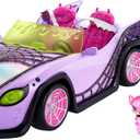 Monster High Toy Car, Ghoul Mobile with Pet and Cooler Accessories, Purple Convertible with Spiderweb Details