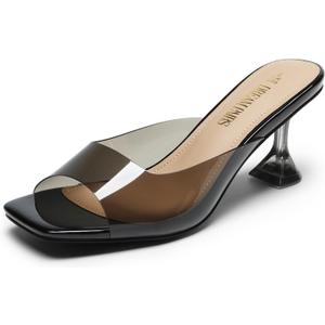 DREAM PAIRS Women's Clear Heeled Sandals Square Toe Transparent Stiletto Mules Slip on Wedding Dress Shoes (8, All Black-clear)