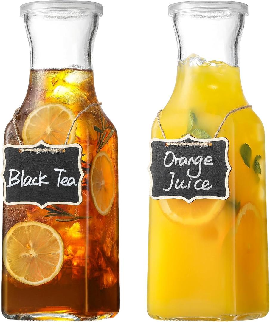 Set of 2 Square Glass Carafe, 1 Liter Clear Glass Pitcher with Lid, Beverage Serveware Carafe for Mimosa Bar, Coffee, Juice, Cold Water, Milk, Lemonade, Iced Tea