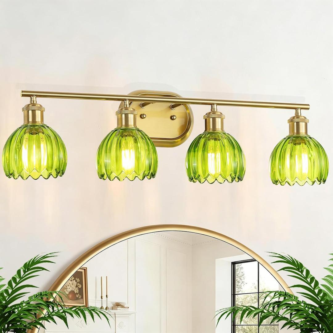 Gold Bathroom Light Fixtures, 4-Light Vanity Lights for Bathroom with Ribbed Green Tulip Glass Shade, Brass Wall Scone Lighting Over Mirror for Farmhouse,Bedroom,Living Room,Hallway