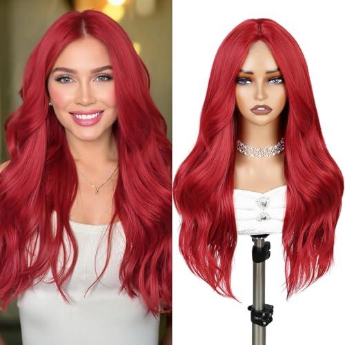 WIGER Red Mermaid Long Wavy Wig for Cosplay Layered Middle Part Curly Wavy Wigs TALOS Synthetic Heat Resistant Fiber Wig for Cospaly Party Christmas