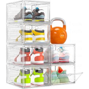Thickened Clear Shoe Storage Organizer with Magnetic Door, Sturdy Stackable Shoe Boxes for Closet, Collapsible Space-Saving Shoe Rack for Sneakers & Boots, Plastic Shoe Cabinet Box Set, 6 Pack, White