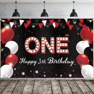 JOYKY Happy 1st Birthday Banner, Red & Black Party Decorations for Boys & Girls, One Year Old Birthday Supplies Backdrop Decor, 5.9 X 3.8 Fts