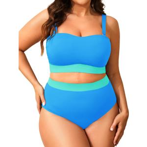 Tempt Me Women Plus Size High Waisted Bikini Bandeau Two Piece Swimsuit (Blue Green Colorblock)