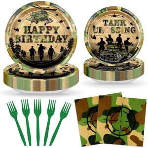 96 pcs Camo Birthday Party Decorations Army Birthday Party Plates and Napkins Disposable Camouflage Party Dessert Dinnerwares Serve 24 Guests