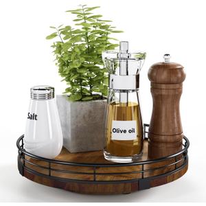 Farmhouse Oak 9" Lazy Susan Turntable Organizer for Cabinet, Round Wooden Lazy Susan Organization and Storage for Dining Table, Pantry, Kitchen, Countertop, Cupboard,Home Decor, Walnut Wood