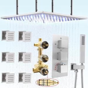 HOMEDEC Brushed Nickel 20inch LED Rain Shower System with Body Jets(Adjustable), Luxury Brass Shower Faucets Sets Complete with Rough-in 3 Way Thermostatic Valve