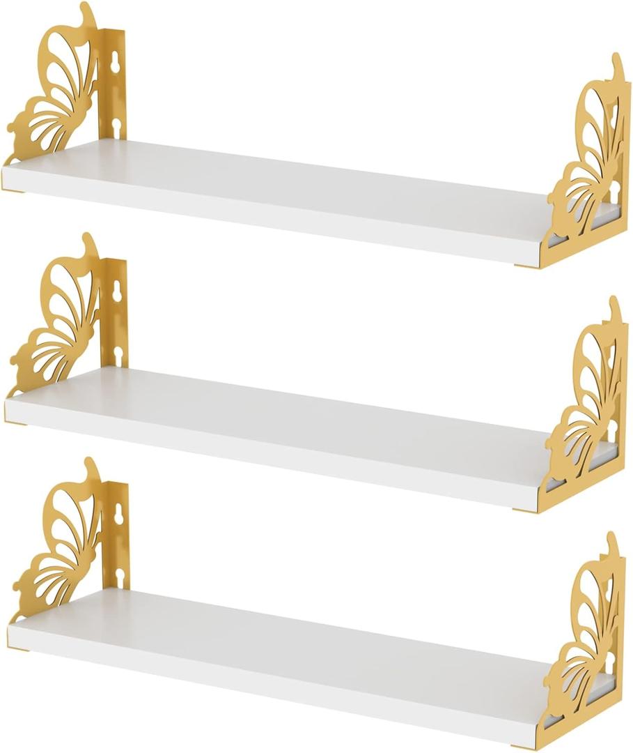Hoikwo 3 Pack Butterfly Wall Shelves, White Gold Floating Book Shelves, for Mother, Mom, Women, Girls, for Preppy Room Decor, Living Room, Bedroom Decor Aesthetic
