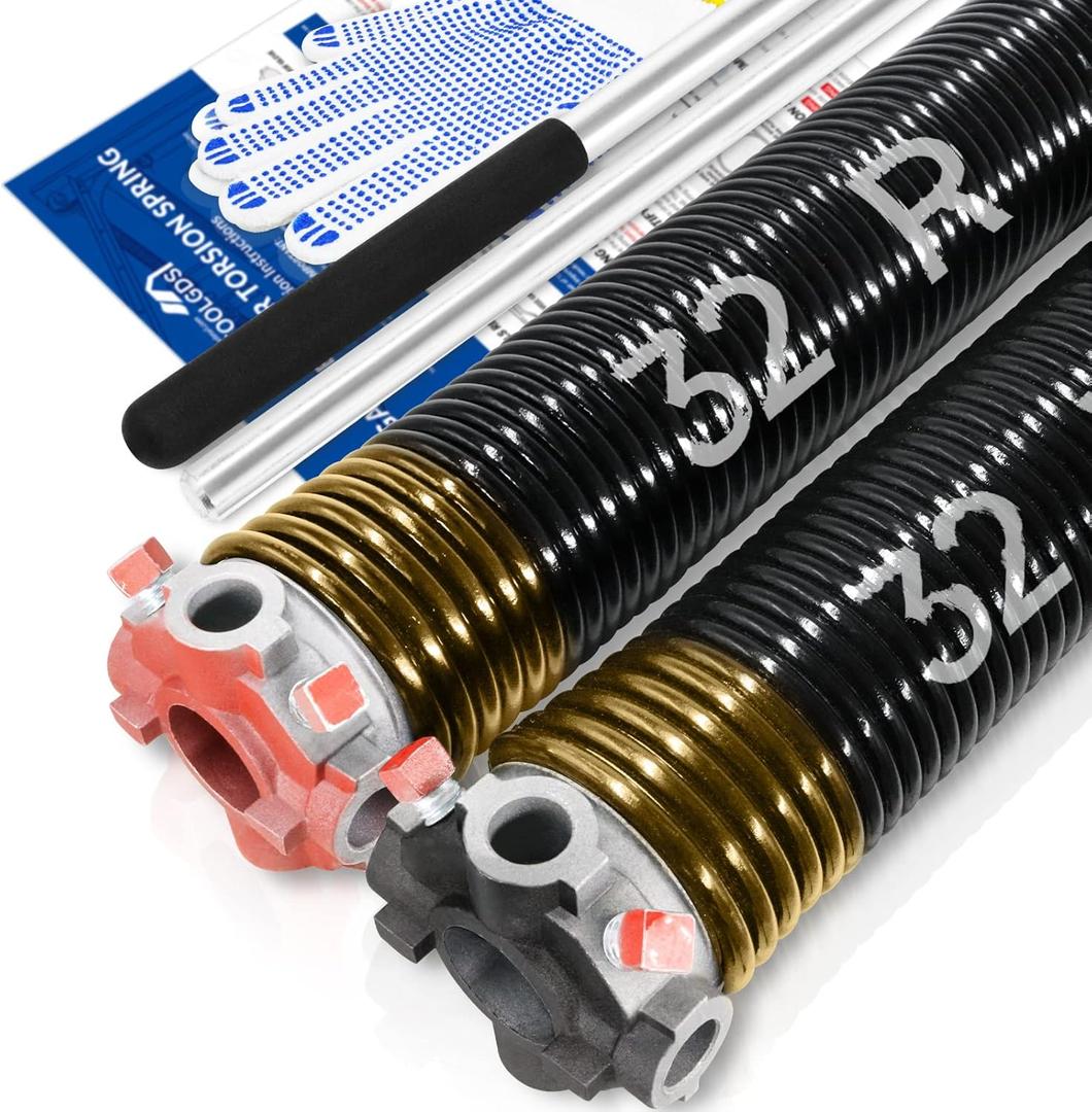 Pair of 2" Garage Door Torsion Springs Set with Non-Slip Winding Bars & Gloves, High Precision Electrophoresis Oil-Free Black Coated for Replacement, MIN 16,000 Cycles (0.250x 2" x 32'')