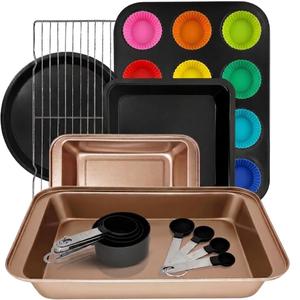 26pcs Nonstick Baking Pans Set Carbon Steel, Muffin Pan with Silicone Cups, Cooling Rack, Round & Square Cake Pans, Measuring Cups & Spoons, Bakeware Sets for Beginners, Renters & Home Bakers