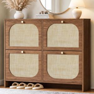 Nicetree Freestanding Ultra Slim Arched Accent Entryway Shoe Storage - 4 Flip Drawers & 3-Tier Adjustable Shelves, Modern Slim Shoe Cabinet for Hallway, Foyer (flip Down Shoe Cabinet | Amber Oak), 9.5"D x 39.4"W x 35.5"H