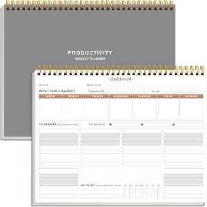 Weekly Productivity Planner - 8.5" x 11" Dashboard Desk Notepad Has 6 Focus Areas to List Tasks for Goals, Projects, Clients, Academic or Meal-Organize Your Daily Work Efficiently, 54 Weeks, Grey