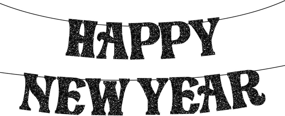 KatchOn, Glitter Black Happy New Year Banner 2026-10 Feet, No DIY | Glitter Pre-Strung Hello 2026 & Happy New Years sign for Happy New Year Decorations 2026 | NYE Party Garland | NYE Decorations 2026