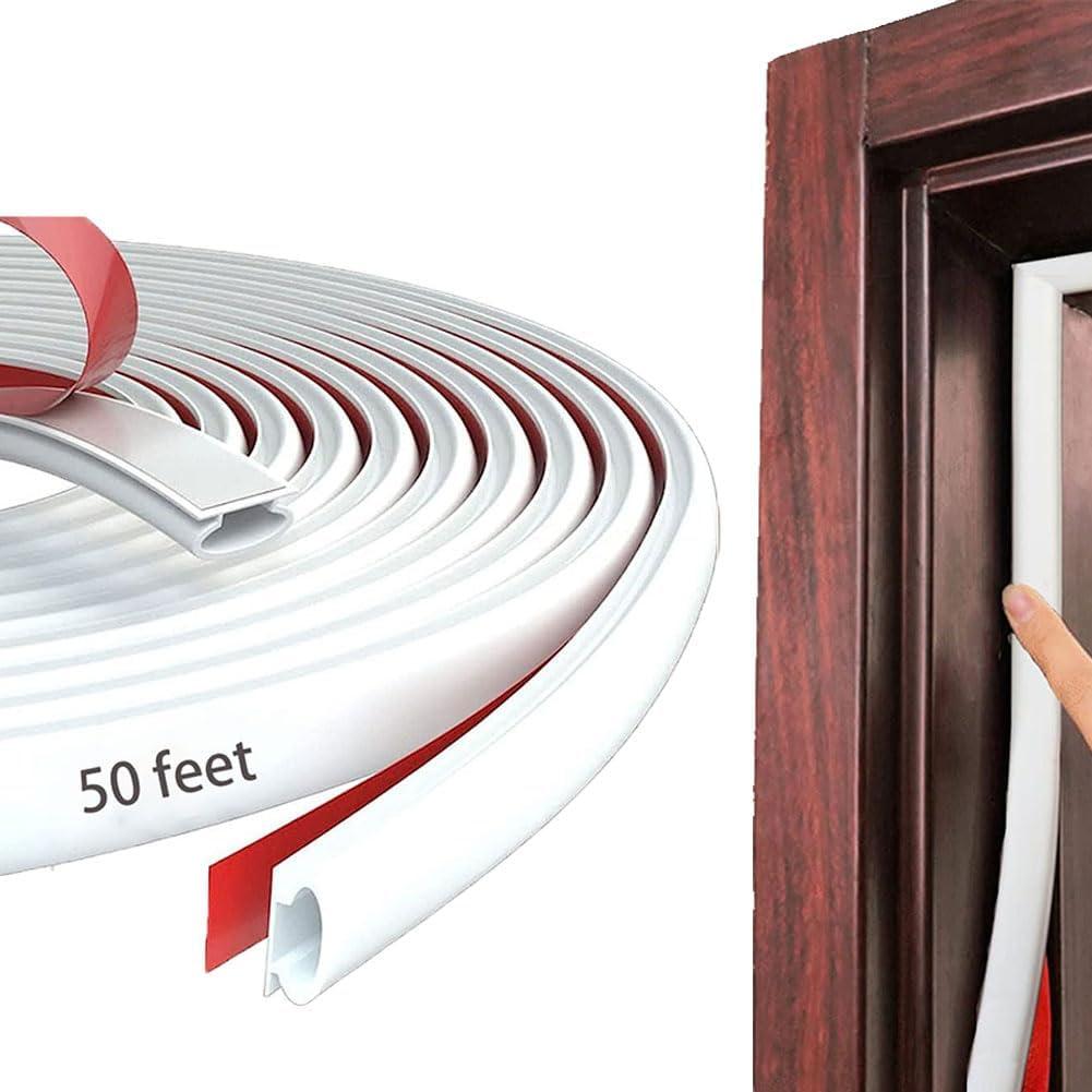 White Rubber Weather Stripping Door Seal Strip, D Shape Door Weather Seal Strip, Self-Adhesive Soundproofing Frame Insulation Tape for Doors Frame/Window Seal,Blocks Cold Drafts Noise (50 Feet)