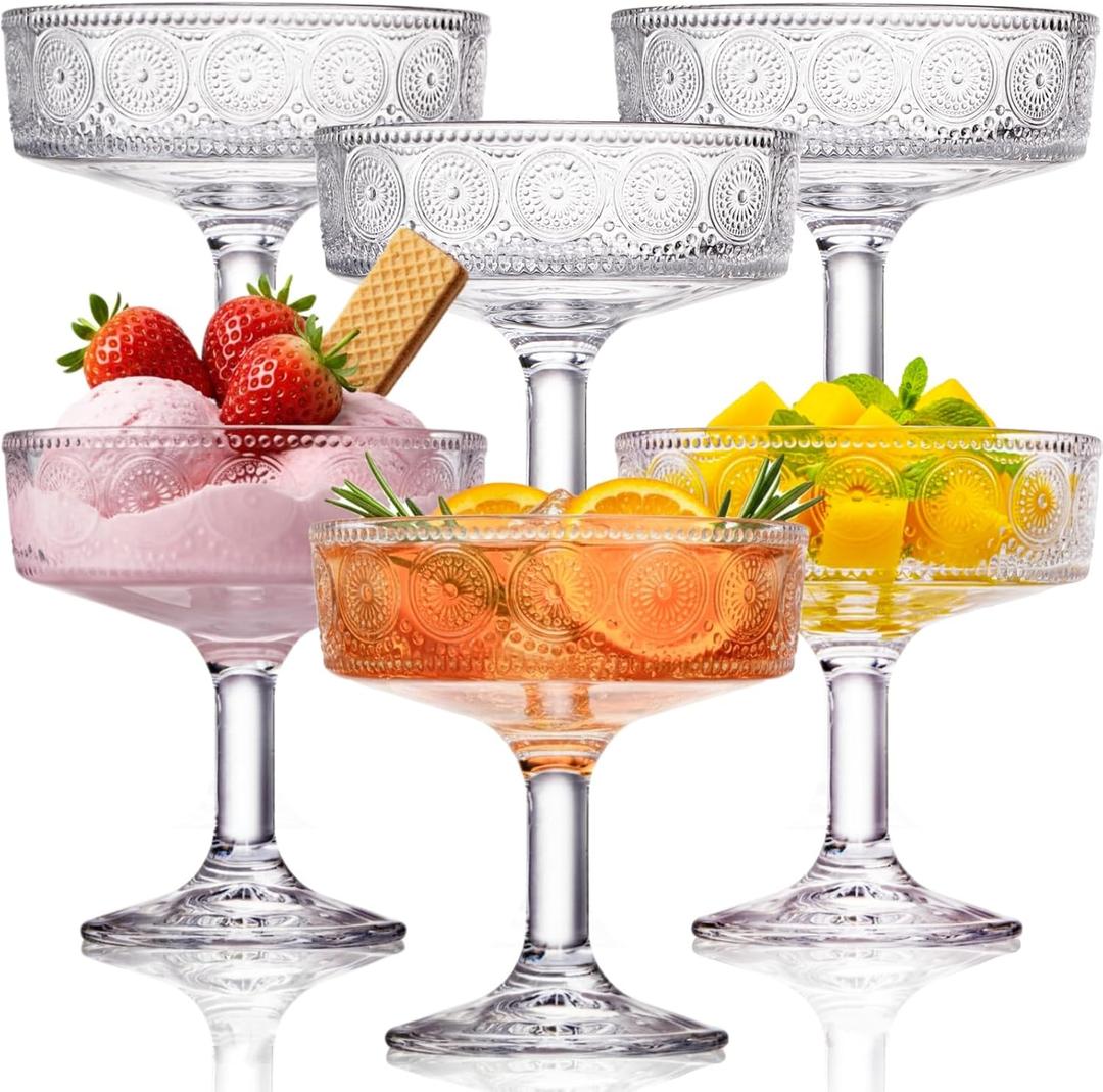 Set of 6 Vintage Coupe Glasses, 7 OZ Embossed Martini Glass, Floral Fluted Cocktail Glasses, Unique Clear Margarita Cup, Romantic Drinking Glassware for Cocktail Champagne