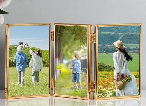 ANAZOZ Metal 6x8 Picture Frame Vertical for Office Desk, Glass 3 Photo Frames Triple Folding, Table Stand, Gold, Office Decor