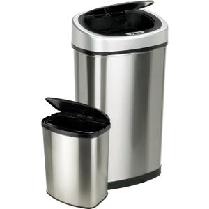 NINESTARS CB-DZT-50-98-1C Automatic Touchless Motion Sensor Oval & Rectangular Trash Can Combo Set, 13.2 Gal. 50 L. & 2.1 Gal.8 L., Stainless Steel