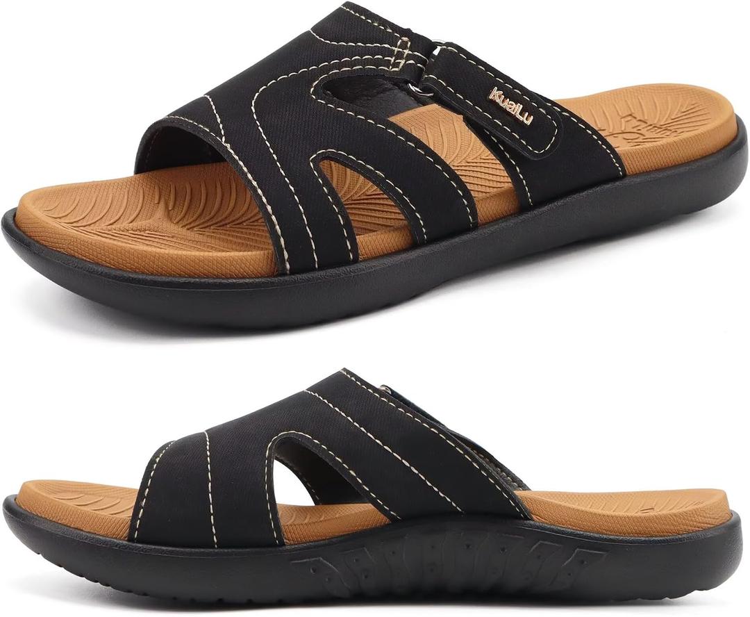 KuaiLu Womens Fashion Orthotic Slides Ladies Lightweight Athletic Yoga Mat Walking Sandals Slip On Thick Cushion Recovery Slippers Sandles Comfort Plantar Fasciitis Arch Support Black Khaki Size 8.5