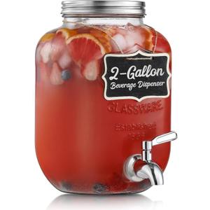 2 Gallon Glass Beverage Dispenser, 18/8 Stainless Steel Spigot and Lid - Glass Drink Dispensers for Parties - Mason Jar Drink Dispensers with Lids - Laundry Detergent Holder