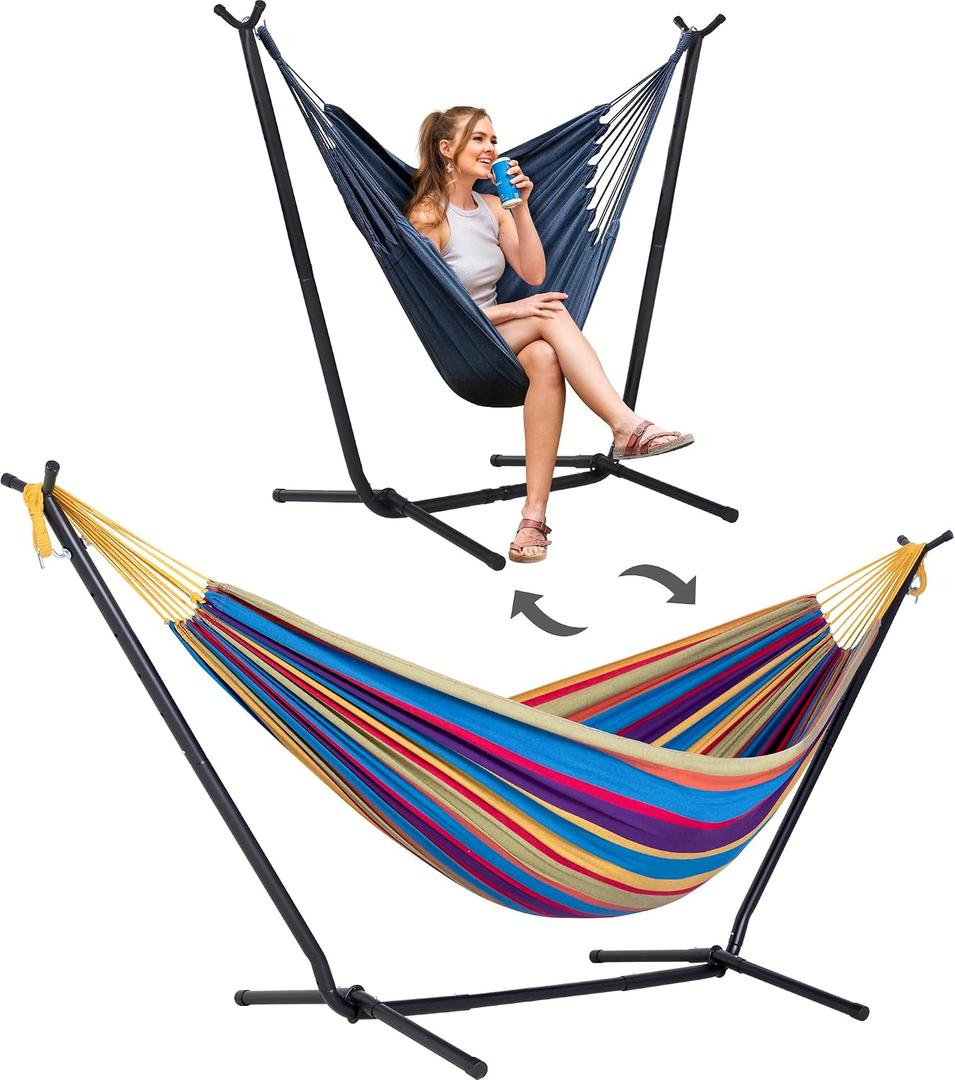SUNCREAT 2-in-1 Convertible Backyard Fabric Hammock with Stand, Large Hammocks for Outside, Patented, Purple Stripe