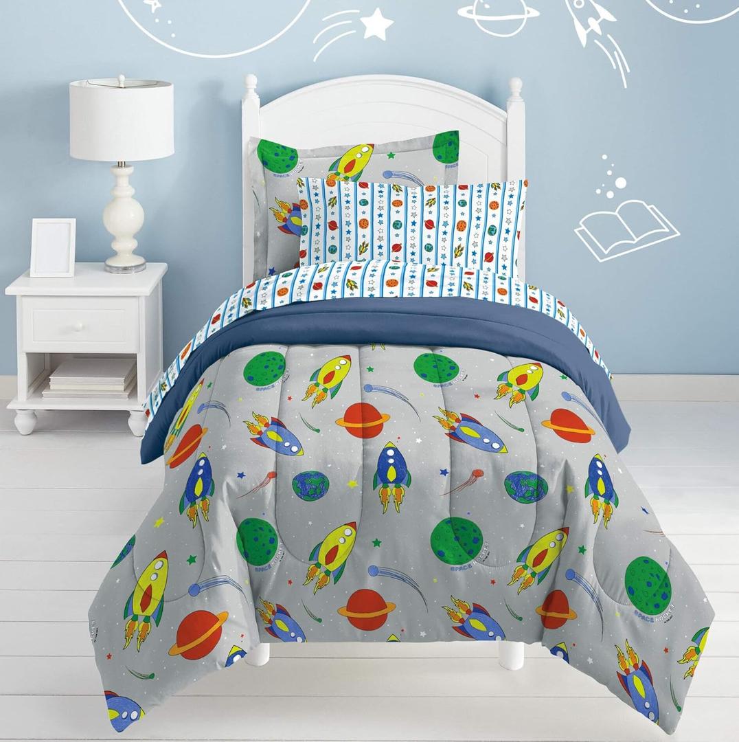 Dream Factory Space Rocket Ultra Soft Microfiber Comforter Set, Multi-Colored, Twin,2A745901MU