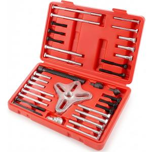 Thorstone 46pcs Harmonic Balancer Puller Set, Reinforced & Thickened Heavy-Duty Steering Wheel Flywheel Crankshaft Pulley Puller Tool Kit for Automotive Repair (Red)