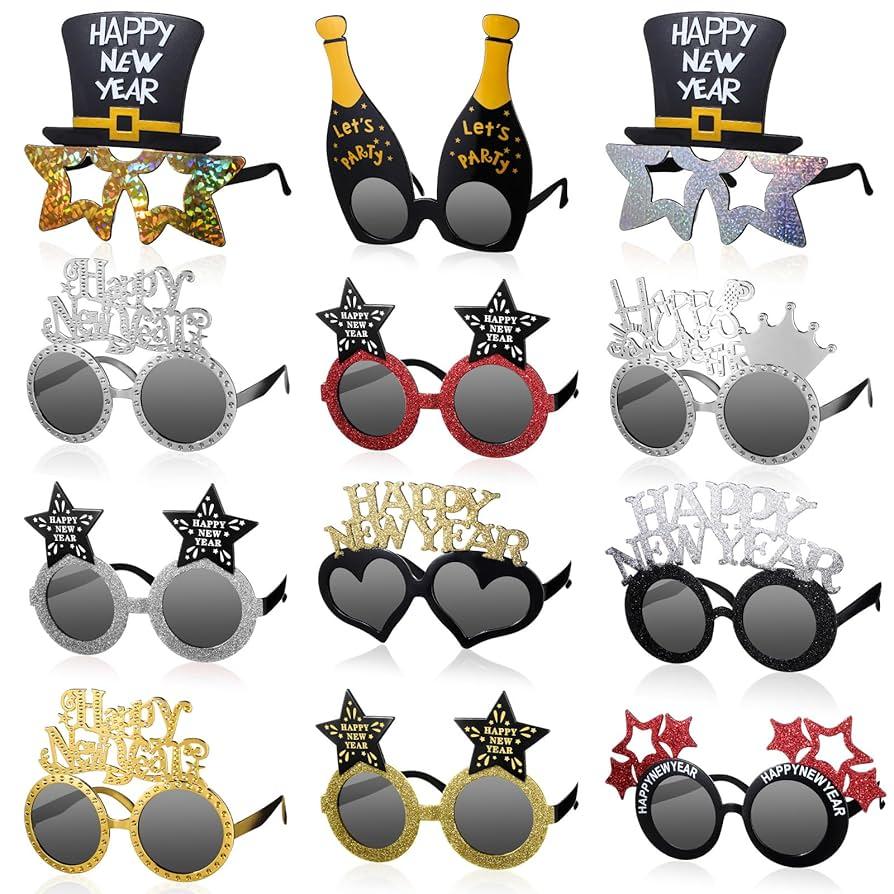 7 Pairs Happy New Year Glasses New Year's Eve Sunglasses Novelty 2025 Plastic Glasses Photo Props(Stylish Styles)