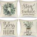 Farmhouse Decor Pillow Covers 16x16 Inch Set of 4 Lamb's Ear Grapevine Wreath Eucalyptus Vase Decorative Throw Pillow Covers Bless our Home Pillowcase Farm Decorations Pillow Case for Couch Sofa