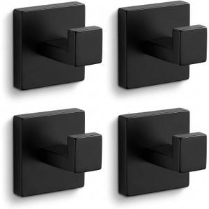 Hiuqixe Matte Black Towel Hooks 4 Pack, SUS304 Stainless Steel Bathroom Robe Hook, Heavy Duty Modern Square Coat Holder, Rustproof, Anti-Rotation & Secure L-Shape Design
