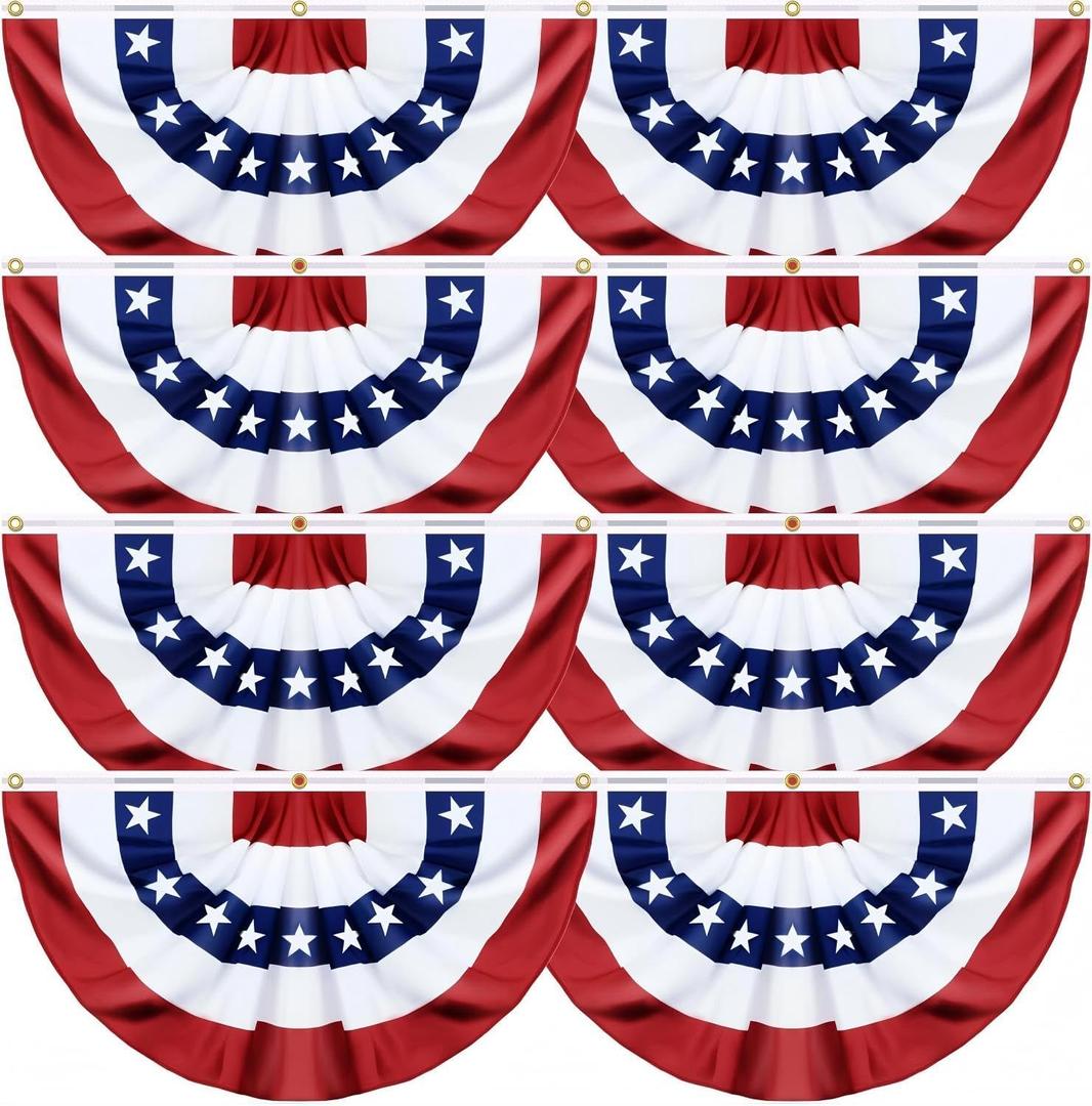 8 Pack 1.5 X 3 FT American Bunting Flag 4th of July Decorations, USA Pleated Fan Flag Memorial Day Patriotic Half Fan Banner 100% Polyester Fourth July Independence Day Outdoor Indoor Decor