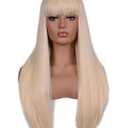 morvally Women's 26 inches Long Straight Blonde Synthetic Resistant Hair Wigs with Bangs Natural Looking Wig for Women Halloween Cosplay (Blonde)