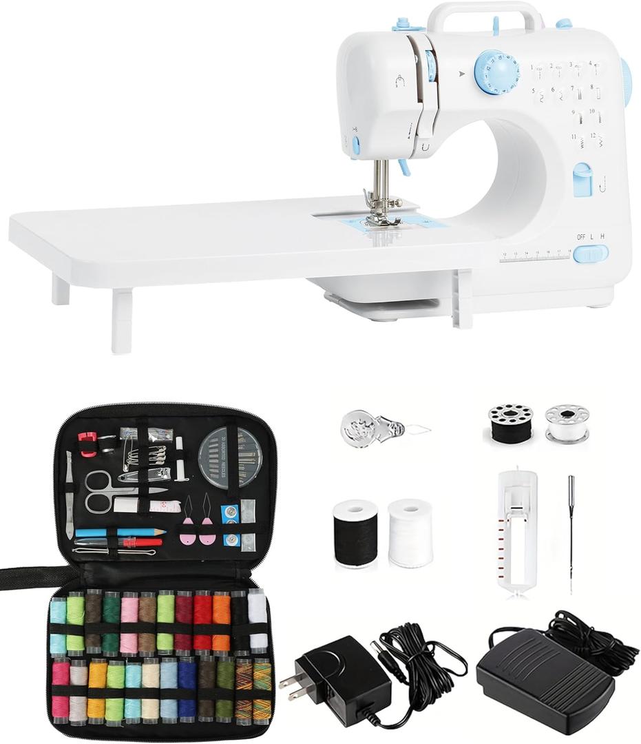 LoMoTive Sewing Machine for Beginners - Portable Electric Hand Mini Sewing Machine with Extension Table 12 Built-In Stitches with 2 Speed Foot Pedal Small Handheld Maquina de Coser Blue