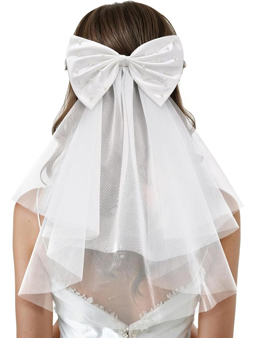 SWEETV Bridal Hair Bow Veil White Bow Clip Bachelorette Party Decorations Pearl Accessories Bride to Be Bridal Shower Gift