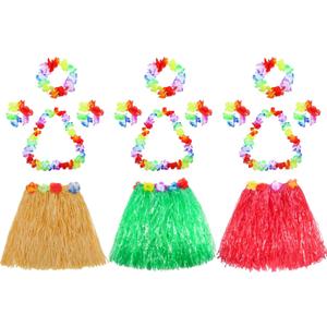 3 Set Grass Skirts for Kids Girls Elastic Hawaiian Hula Dancer Grass Skirt with Flower Leis for Luau Party Costume Set (Multicoloured)