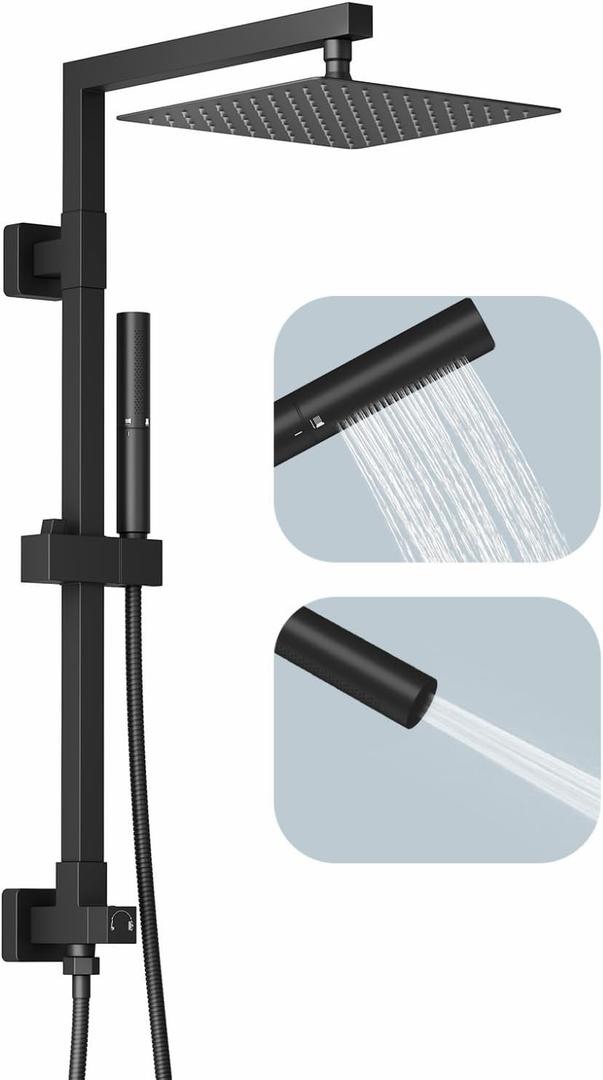 BESy Brass Shower Arm, 10 Inch Rainfall Shower Head with Handheld Spray Combo, Dual Showerhead Outdoor Shower Kit Rain Setting Hand Held Sprayer with Adjustable Slide Bar Set, Matte Black