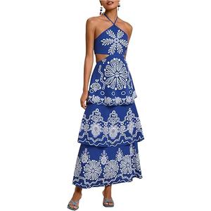 SHENHE Women's Summer Floral Tiered Maxi Dress Tie Halter Backless Flowy Boho Sundress (Blue and White)