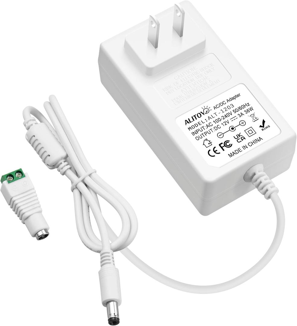 ALITOVE 12V Power Supply White 3A 36W AC Adapter 100-240V 50-60Hz to DC 12 Volt Power Cord 2A 1.5A 1A 5.5mmx2.5mm 2.1mm for LED Strip Light Lamp Digital Picture Frame Monitor Camera Router