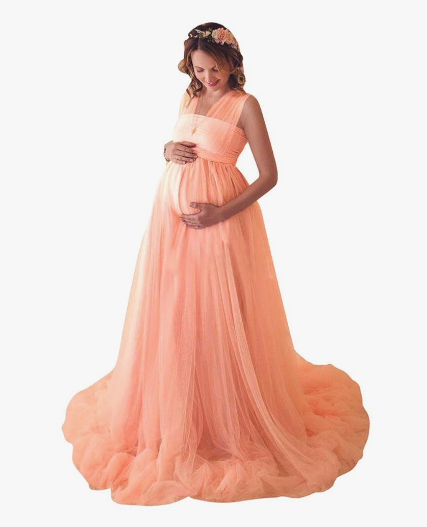 Women Off Shoulder Long Sleeve Maternity Dress Tulle Elegant Slim Fit Gown Baby Shower Photography Maxi Dress for Photo Shoot Size L