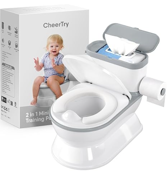 CheerTry 2-in-1 Toddler Potty Training Toilet - with Detachable Training Seat, Realistic Flushing Sound for Boys & Girls Ages 1-3 with Wipes Storage, Toilet Paper Holder